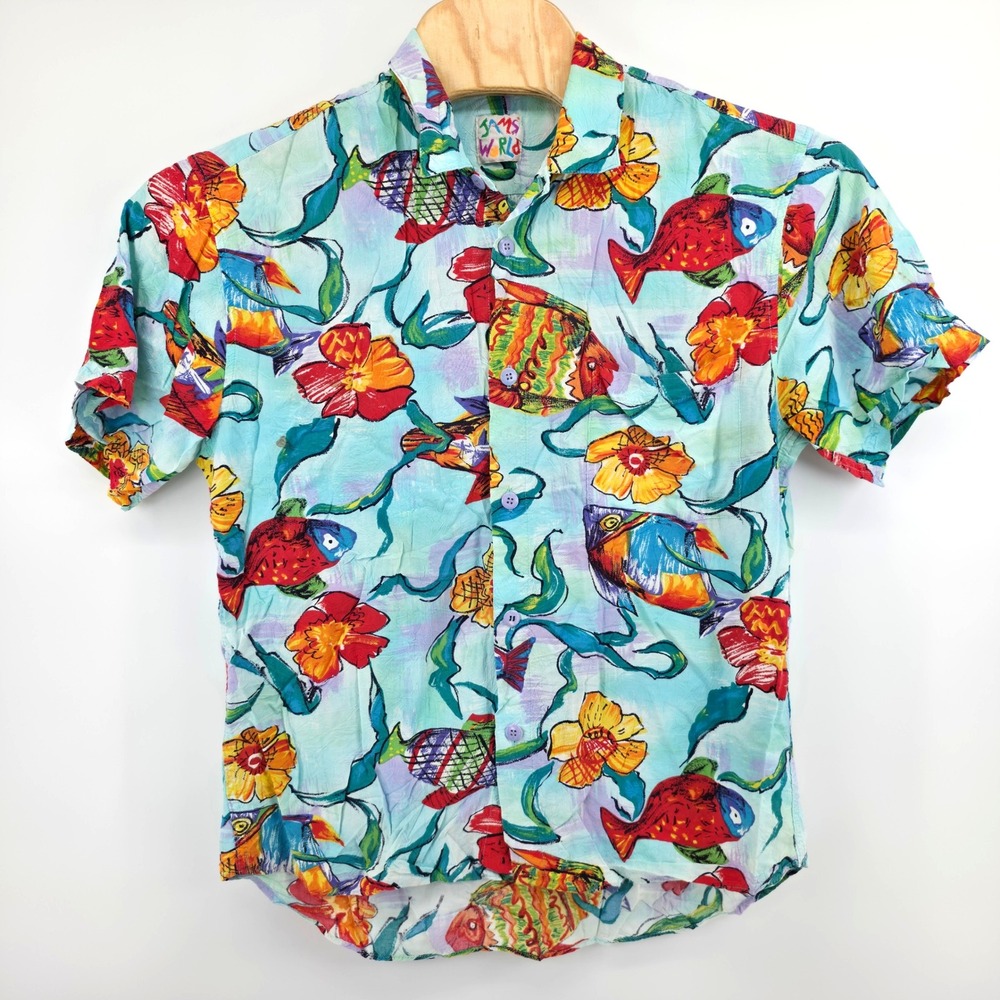 Jams World Mens Large Vintage Tropical Fish Floral Rayon Button Up Shirt Blue